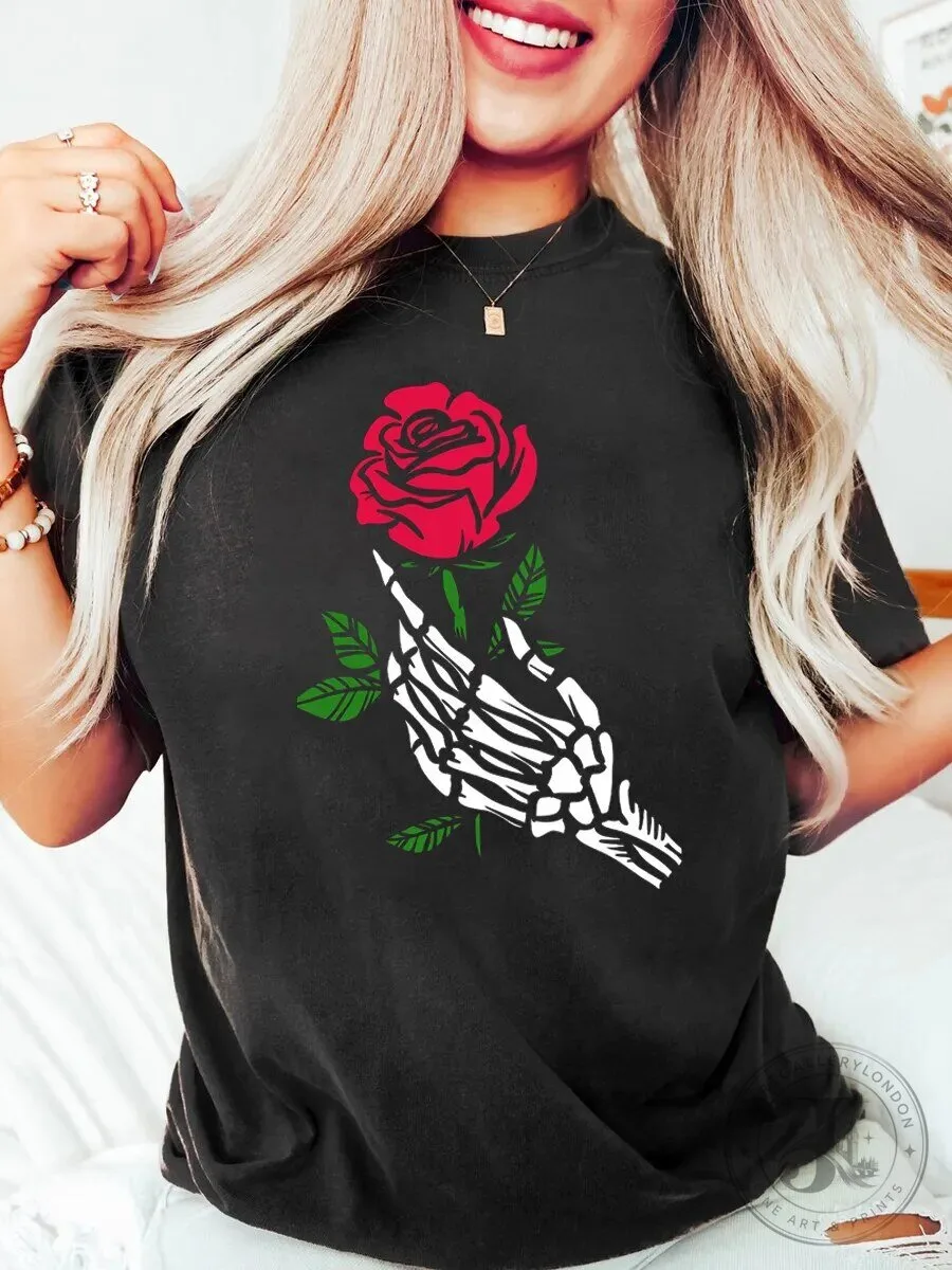 Skeleton Hand Holding Red Rose Floral Gothic Halloween Black T-Shirt