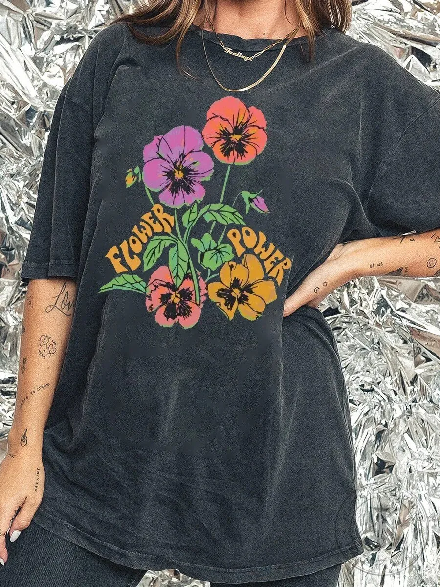 Flower Power Retro Floral Graphic Vintage Washed T-Shirt 1 Flower Power Retro Floral Graphic Vintage Washed T-Shirt