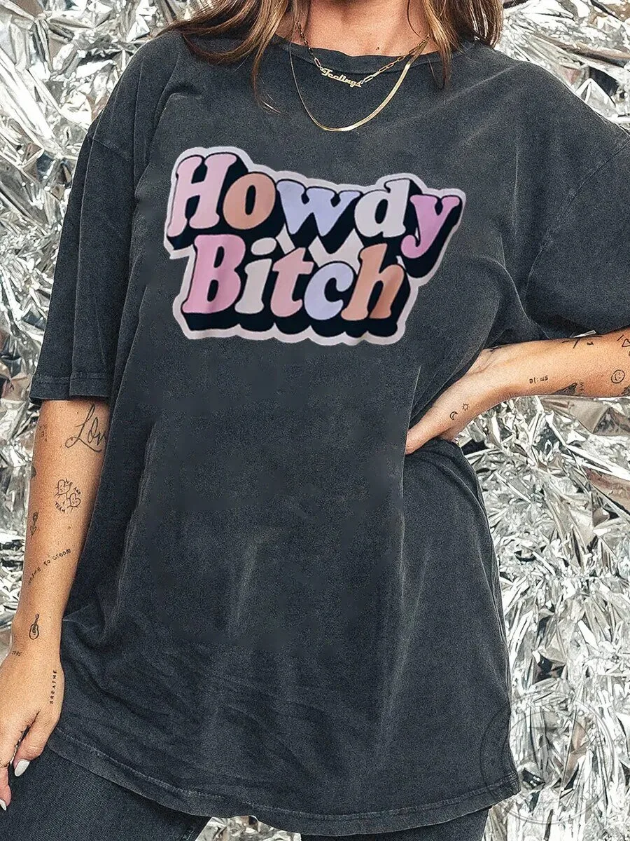 Howdy Bitch Retro Style Graphic Washed Black T-Shirt