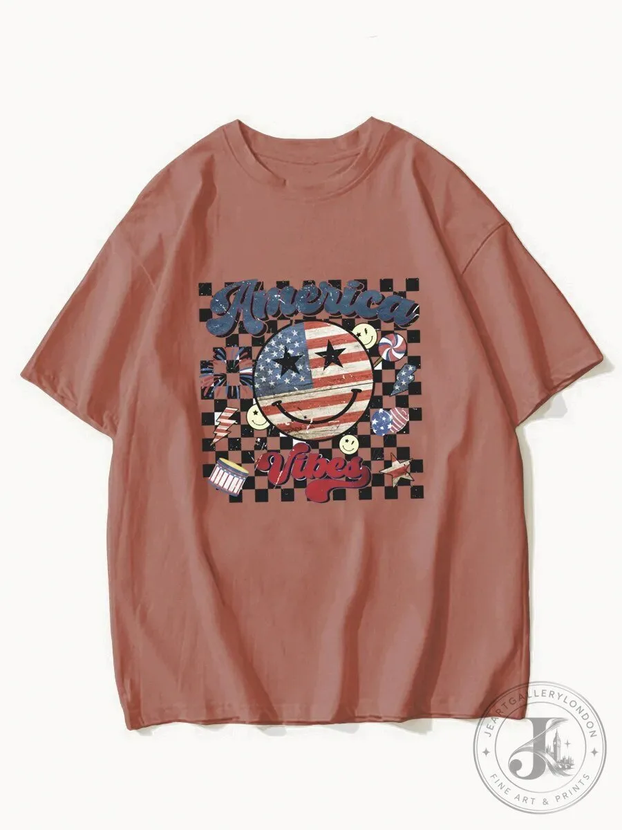 America Vibes Checkered Smiley Face Patriotic Fourth of July T-Shirt
