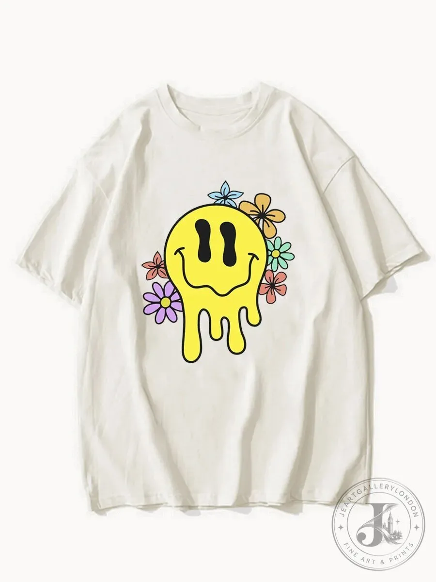 Dripping Happy Face Yellow Smiley With Flowers Graphic T-Shirt