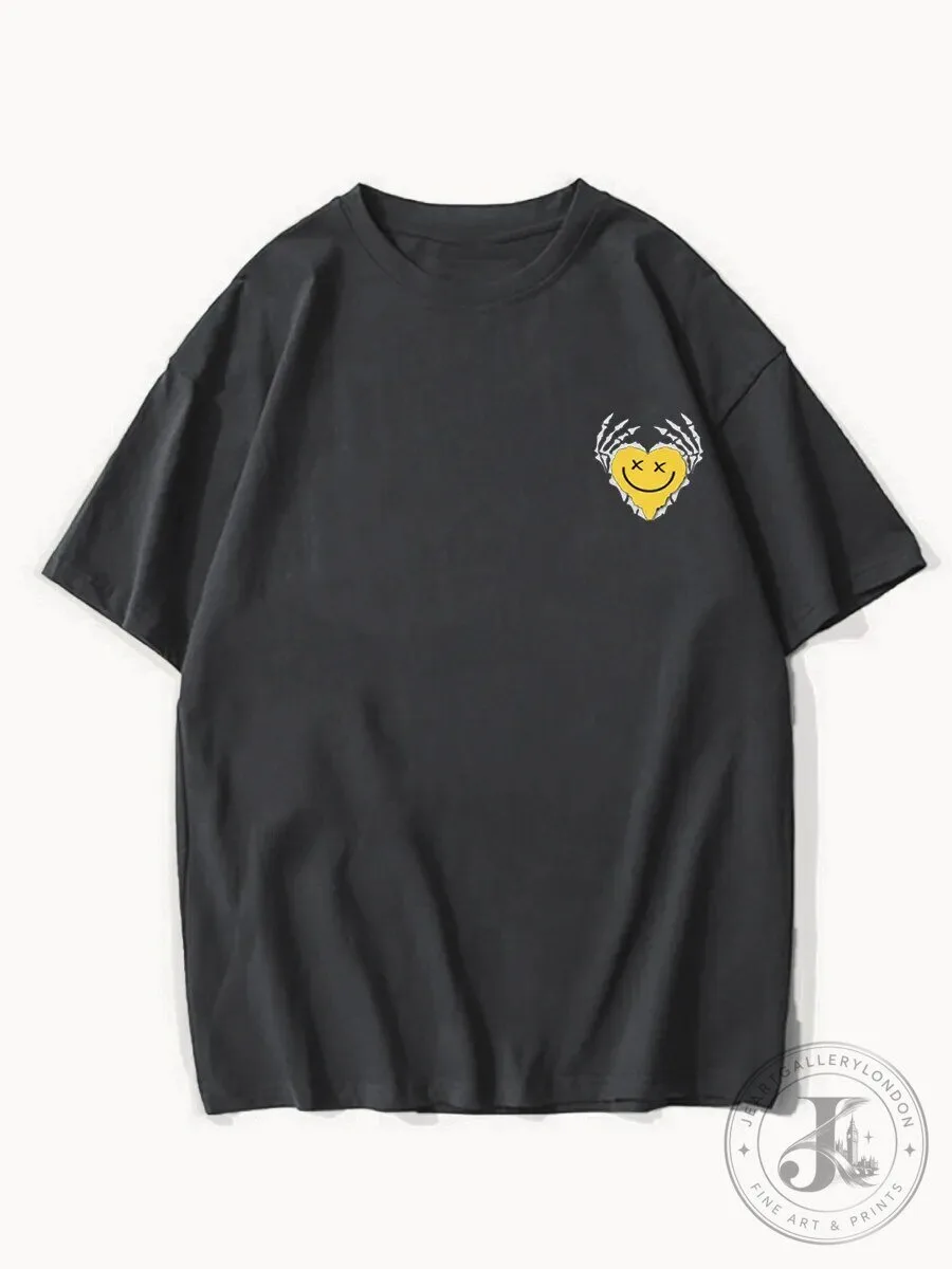 Skeleton Hands Holding Heart Smiley Face Graphic Print Black T-Shirt