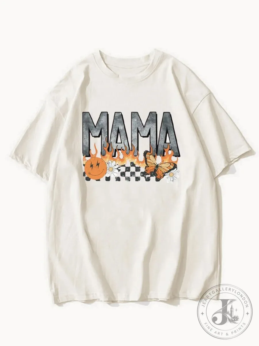 Mama Flamed Text Checkered Smiley Face Butterfly T-Shirt