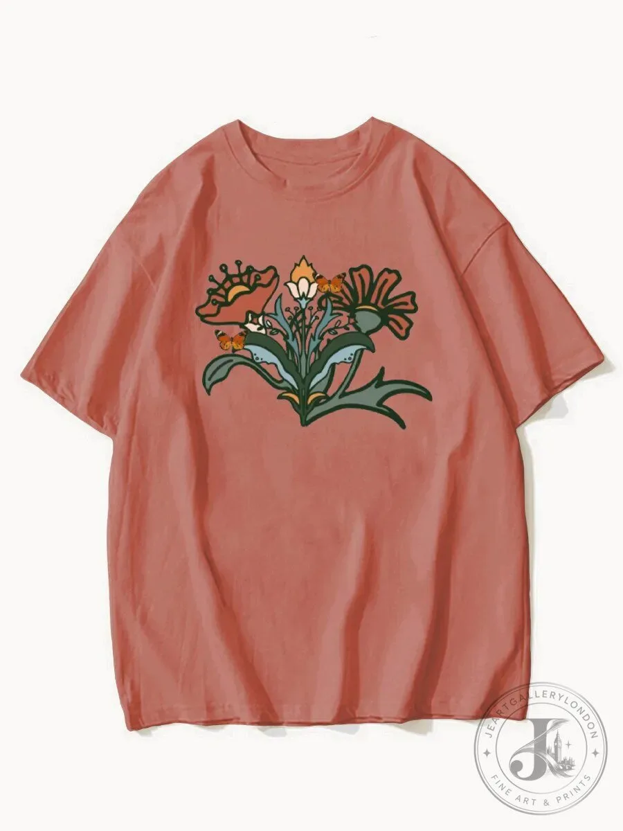Art Nouveau Vintage Flower Graphic Print T-Shirt