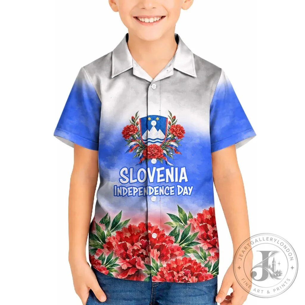 Slovenia Independence Day Kids Hawaiian Shirt with Red Carnation Emblem