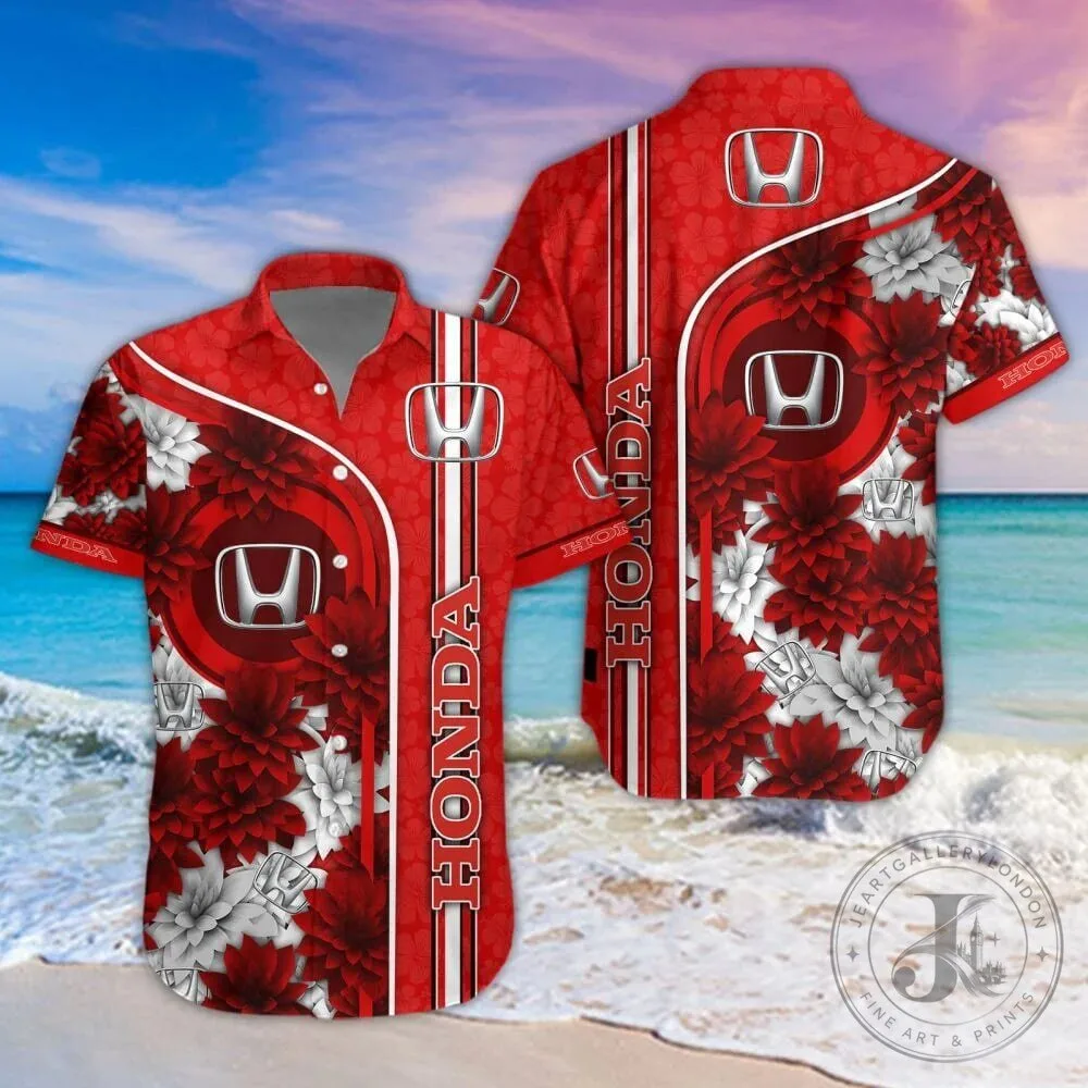 Honda Red Floral Pattern Summer Casual Hawaiian Shirt for Men and Women